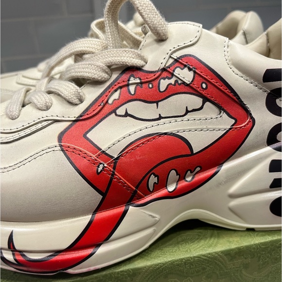 Gucci White Rhyton Leather Sneakers Gucci Rhyton Red Mouth Lips Tongue Shoes - Picture 9 of 16